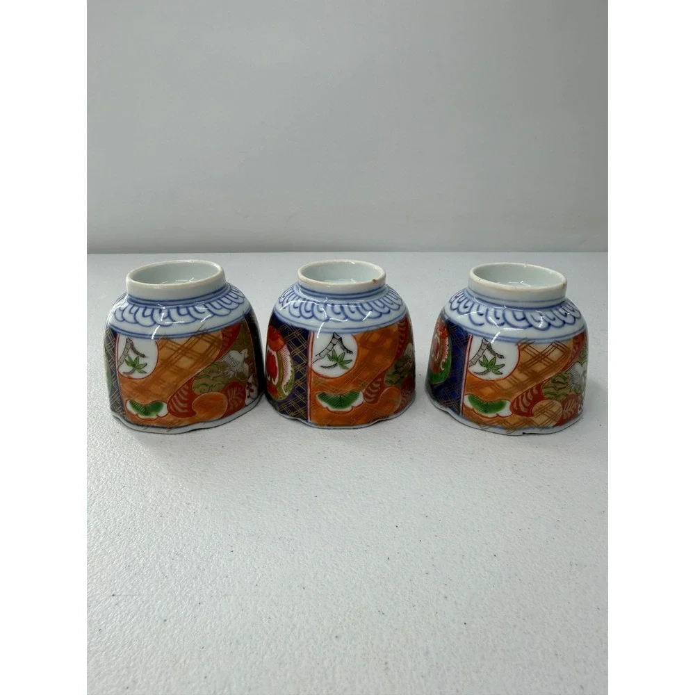 Vintage Japanese Imari Tea Cups Set of 3 Porcelain Crane Floral Scalloped Rim 3